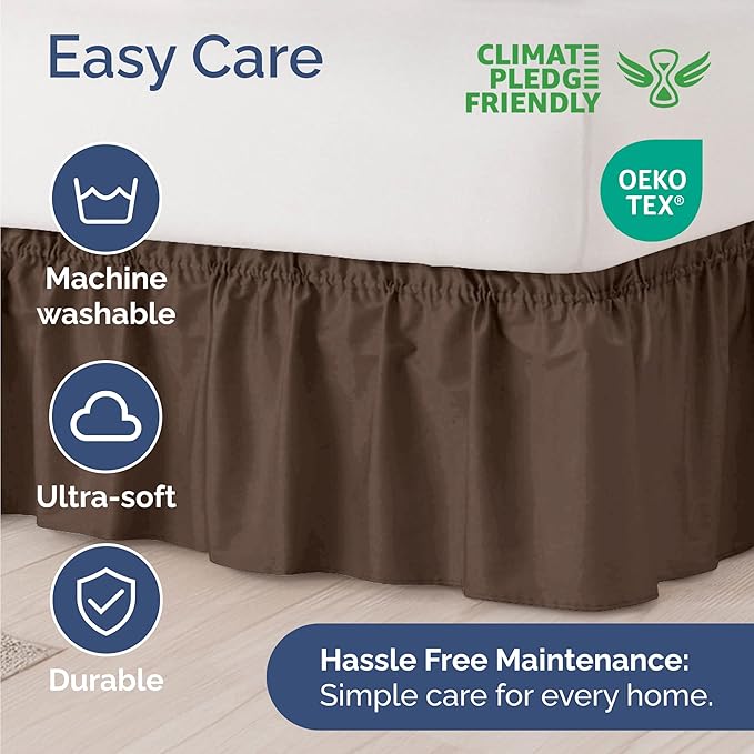 Wrap Around Dust Ruffle Bed Skirt - Brown - for King Size Beds with 24 Inch Drop - Easy Fit Elastic Strap - Adjustable Pleated Bedskirt w/Brushed Fabric - Wrinkle Free - for Women, Men, Kids & Teens