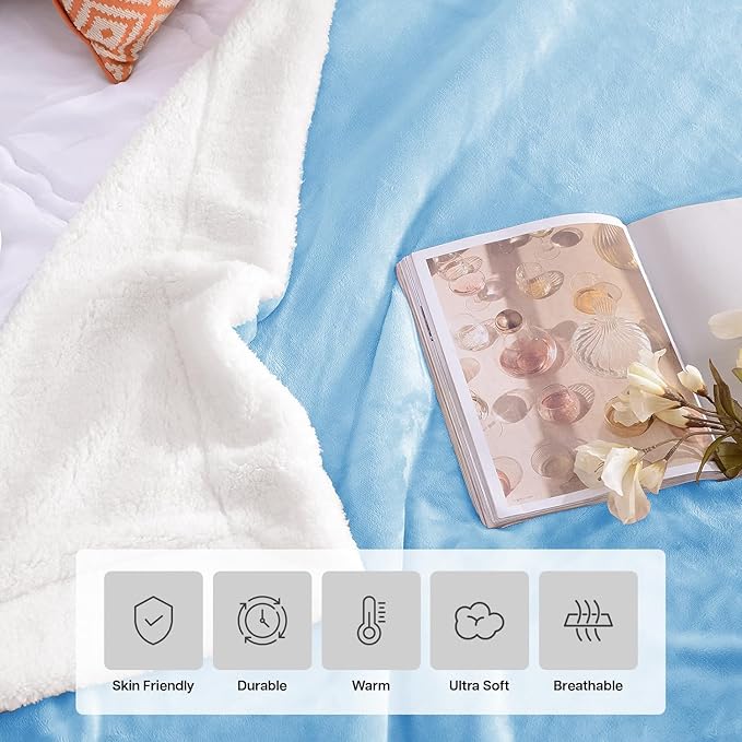 MOONLIGHT20015 Sherpa Blankets Queen Size - (Light Blue, 90X90 Inches) Fuzzy, Soft and Wool/Fleece Blanket for Bed, Fluffy Blankets for Winter, Camping and Travel