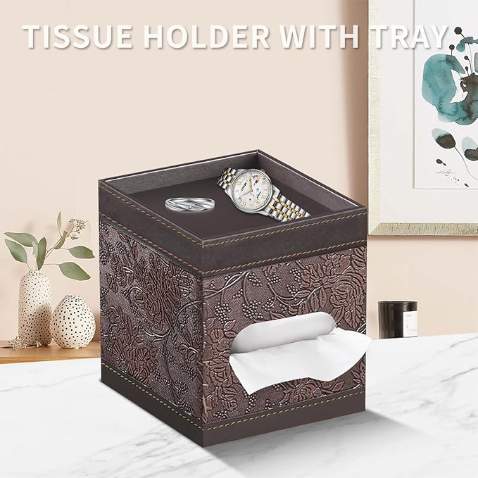 Square Tissue Box Cover with Storage Tray,PU Leather Tissue Cube Box Holder,Decorative Tissue Holders,Modern Tissues Case Napkin Dispenser Facial Paper Organizer for Bathroom Vanity