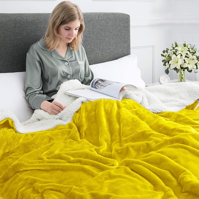 MOONLIGHT20015 Sherpa Blankets Queen Size - (Ochre, 90X90 Inches) Fuzzy, Soft and Wool/Fleece Blanket for Bed, Fluffy Blankets for Winter, Camping and Travel