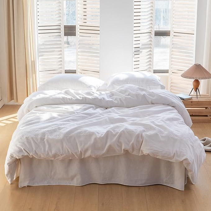 BISELINA French Linen Bed Skirt with Pleated Corner 22-Inch Tailored Drop Natural Flax Cotton Blend Basic Dust Ruffle Soft Cozy Farmhouse Bedding (22" King, Basic White)