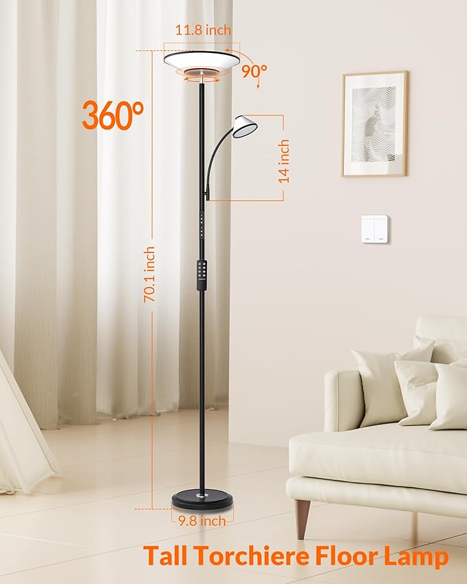LEPOWER-TEC Bright Floor Lamp, Standing Lamp with Remote & Wall Switch, 60 Lighting Effects, Adjustable Torchiere Corner Light for Living Room, Bedroom, Office. Perfect for Reading & Ambiance