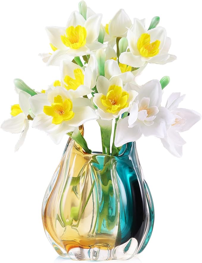 Hand Blown Glass Vase, Medium Wide Mouth Flower Vase Unique Modern Turquoise Glass Art Decor, Nonbreakable Vases for Table Centerpieces Living Room Decorative Amber and Teal Vase