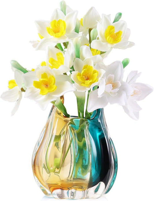 Hand Blown Glass Vase, Medium Wide Mouth Flower Vase Unique Modern Turquoise Glass Art Decor, Nonbreakable Vases for Table Centerpieces Living Room Decorative Amber and Teal Vase