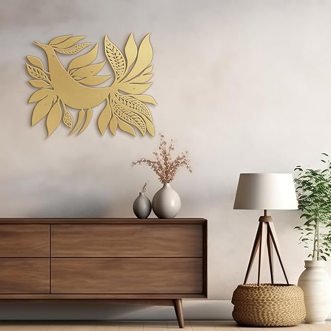 SIGNLEADER Metal Wall Art Decor Bird with Leaves Minimalist Modern Abstract Wall Sculpture Hangings Home Decoration for Living Room, Bedroom, Bathroom, Kitchen - 18" Gold