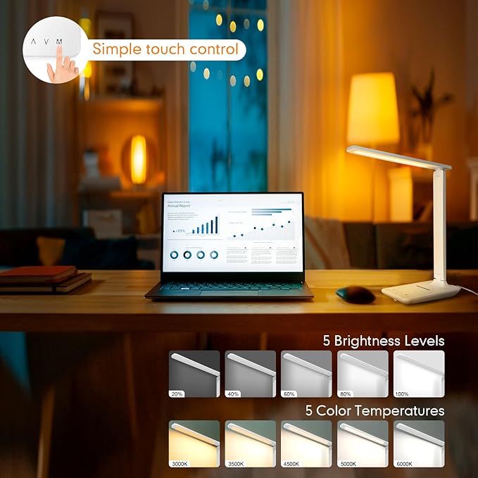 LED Desk Lamp for Office Home, Bright Desk Light with USB Charging Port, Adjustable Dimmable Desk Lamps 5 Modes 5 Brightness, Touch Study Lamp for Nail, Craft, Puzzle, Sewing, Study, White Pro