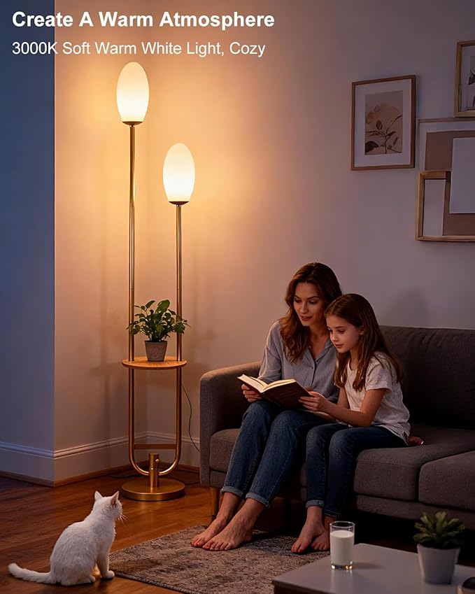 Lightdot Gold Dimmable Floor Lamp with 2 Oval Lampshades, Unique U-Shaped Tall Standing Lamps with Table& Warm White LED Bulbs, Mid Century Modern Floor Lamp for Living Room/Bedroom/Wedding/Party