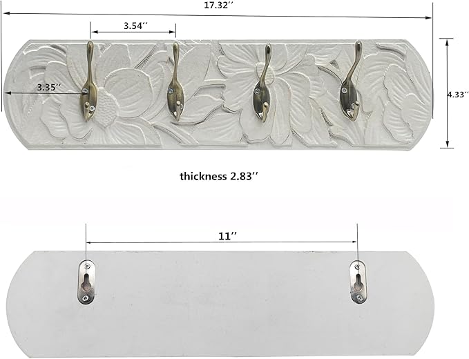 Decorative Wall Mounted Coat Rack with 4 Hooks, Rustic Wood Wall Organizer for Hanging Coats, Hats, Towels, Bags,Jackets, Keys (Antique White)