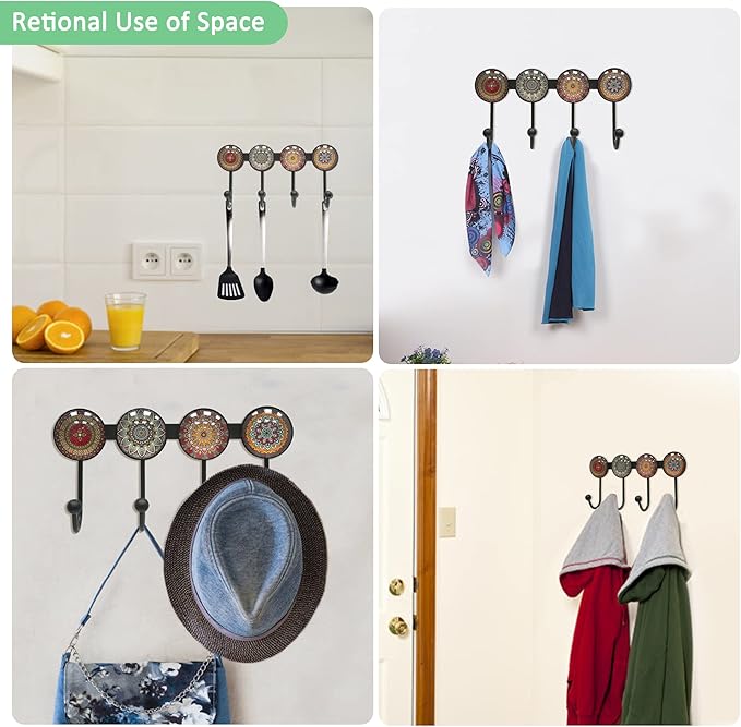 Coat Rack Wall Mounted with 4 Hooks, Round Brown Pattern Decorative Wall Hooks for Hanging Hat, Key, Towel, Purse, Bag and Robe, for Entryway Bathroom Organizer Hanger