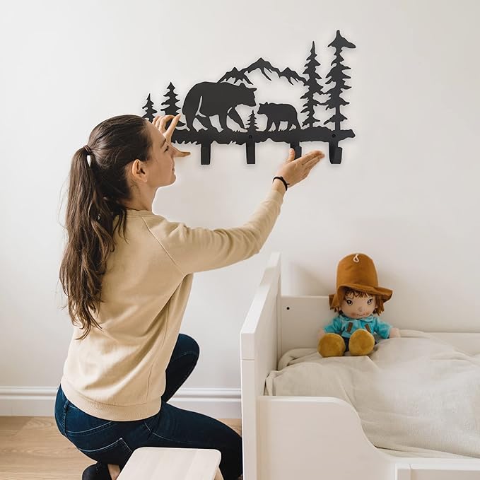 Metal Bear Coat Hooks Wall Art Decor-Bear Hangers and Key Holder-Animal Theme Hooks Sweet Home Decor for Storage, Living Room, Hallway, Office (Black)
