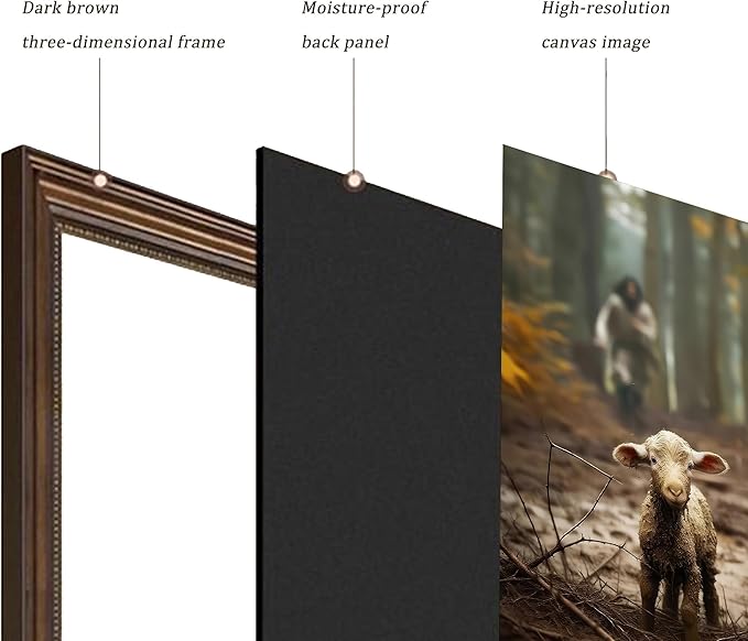Framed Jesus and Lamb Wall Art Jesus Running After Lost Sheep Picture Wall Decor Christianity Lambs of God Home Decoration Inspirational Christian Poster Prints for Office Bedroom Livingroom 12x16in