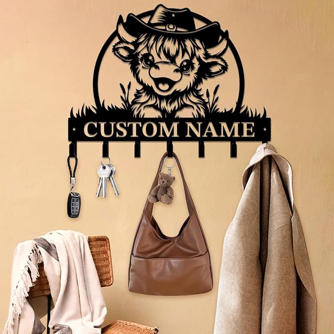magilab Personalized Custom Highland Cow Wall Hooks,Metal Highland Cow Art Clothes Hooks,Metal Highland Cow Wall Home Storage Decorative,for Front Door, Hallway, Kitchen, Bedroom,Keys,Hats (Style B)