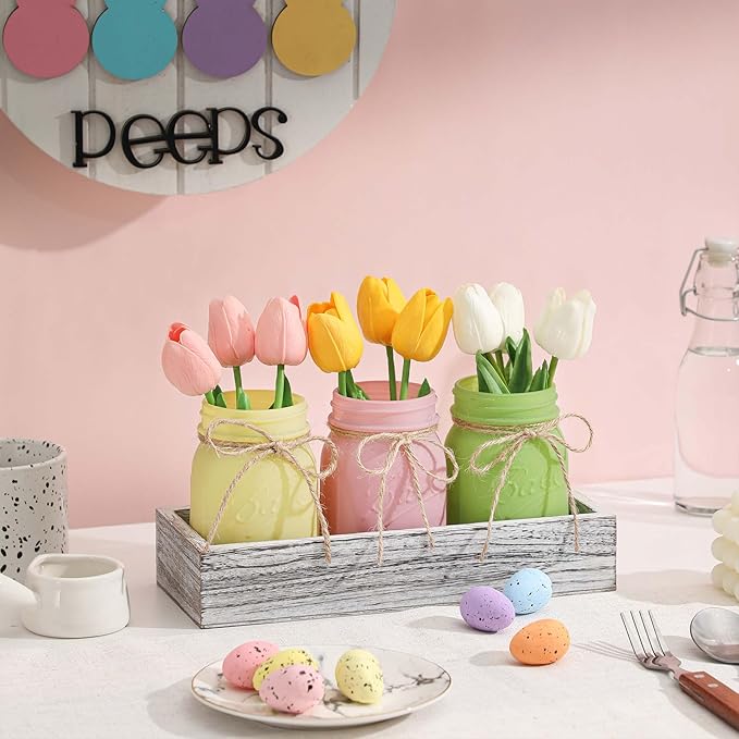 Spring Decorations, Spring Mason Jar Centerpiece for Table with Wood Tray & Artificial Tulips, Tulip Decorative Jars for Farmhouse Home decor, Easter Table Decor, Easter Decorations for Home Office