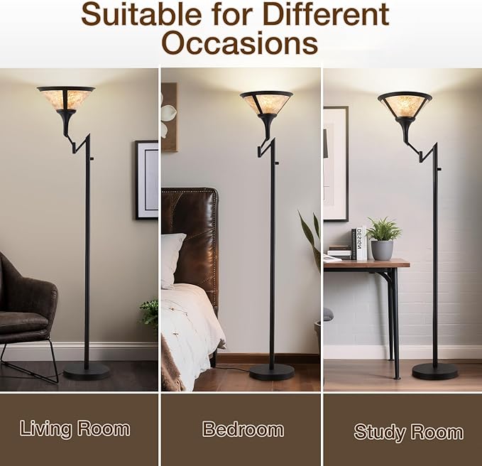 EJIAXIN Floor Lamps for Living Room - 70" Black Torchiere Standing Floor Lamp with White Mica Shade - Tall Corner Lamp Decor for Bedroom with Adjustable Swing Arm LED Reading Light for Home Office