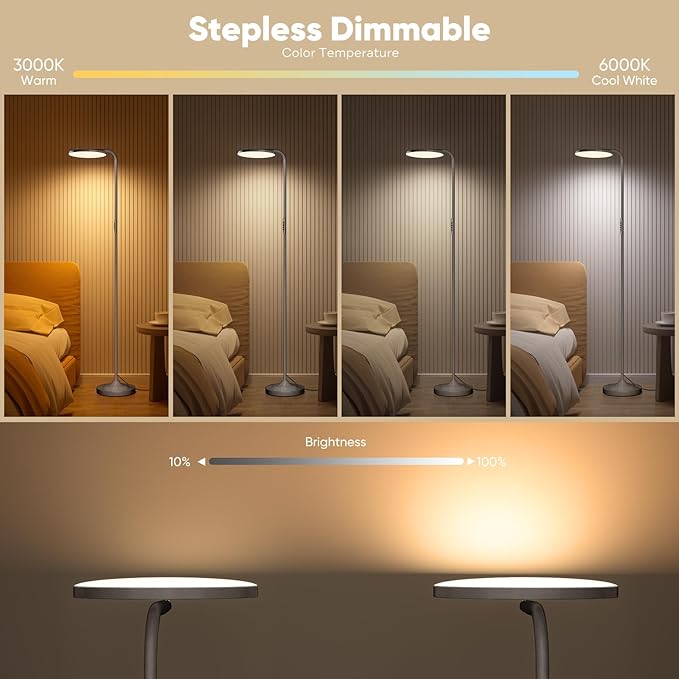 SIBRILLE 36W LED Floor Lamp, Super Bright Standing Lamp, Modern Stepless Dimmable Torchiere Lamp with Remote Control, 350°Rotating Head Reading Floor Lamp for Living Room, Bedroom, Office - Gunmetal