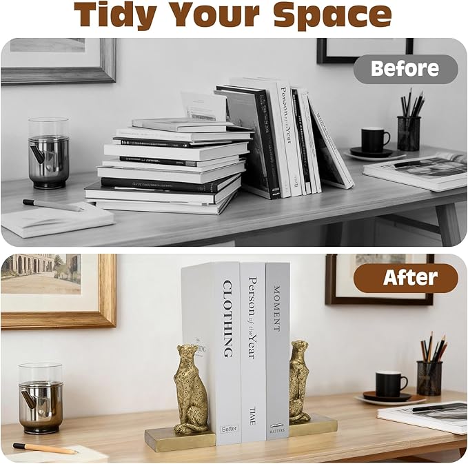 Gold Cheetah Bookends, Book Ends for Shelves to Hold Books Heavy Duty, Creative Resin Book Holders for Home Farmhouse Shelves Office Lover Gift
