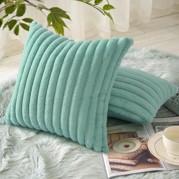 decorUhome Faux Fur Spring Throw Pillow Covers 24x24 Set of 2, Decorative Soft Plush Striped Neutral Couch Euro Sham Pillow Covers with Velvet Back for Sofa, Bed, Living Room Home, Aqua