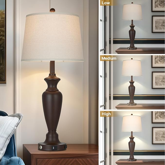30" Tall Brown Table Lamps Set of 2 for Living Room, Touch Control Bedside Lamps for Bedroom Nightstand, 3-Way Dimmable Farmhouse Lamps with Charging Ports (2 LED Bulbs Included)
