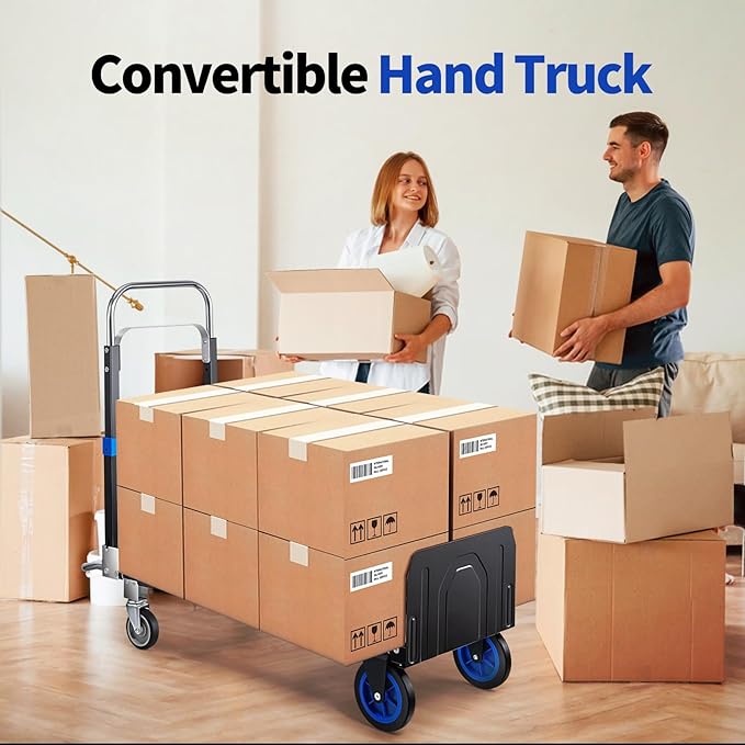 Pro 3 in 1 Aluminium Hand Truck 660lbs Capacity, Heavy Duty Convertible Hand Truck Dolly W/ 4 Rubber Wheels, Foldable Dolly Cart Collapsible Trolley for Warehouse Home Moving