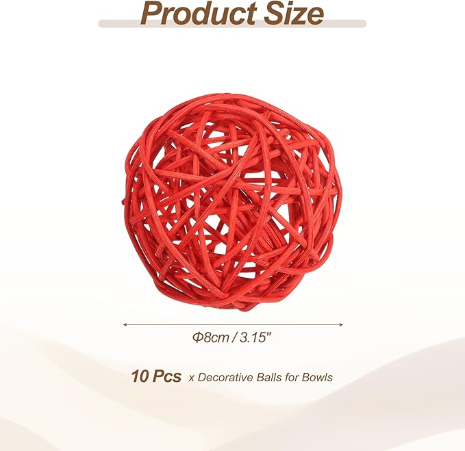 PATIKIL 3 Inch Wicker Rattan Balls, 10 Pcs Decorative Balls for Centerpiece Bowls Wedding Party Home Decor DIY Craft, Red