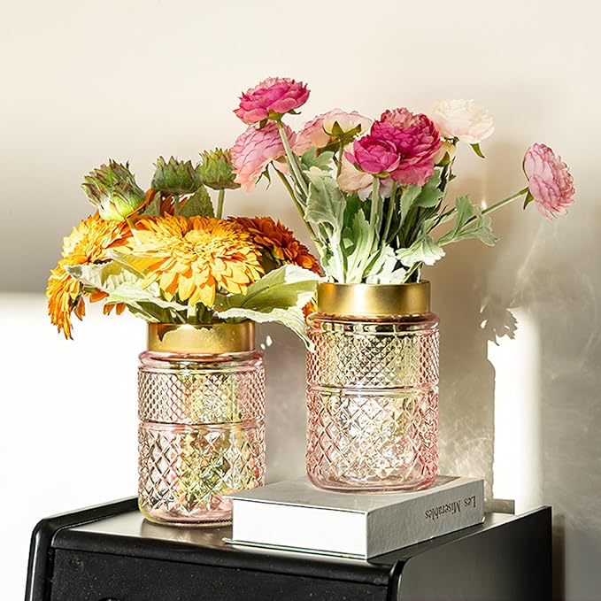 2-Pack Flower Vase Glass, 7.6 inch Pink Fluted Vase with Golden Metal Top, Stylish Decorative for Tabletop Centerpiece, Kitchen, Living Room, Bedroom, Bathroom, Office