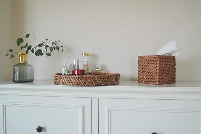 Round Rattan Woven Serving Tray with Handles Ottoman Tray for Breakfast, Drinks, Snack for Coffee Table, Home Decorative (16.9 inch, Honey Brown)
