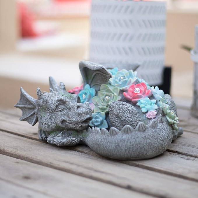 Garden Dragon Statue Outdoor Decor, Coiled Sleeping Dragon Figurine with Solar Light Succulent, Waterproof Resin Garden Sculpture for Outside Lawn Patio Yard Ornament Gifts