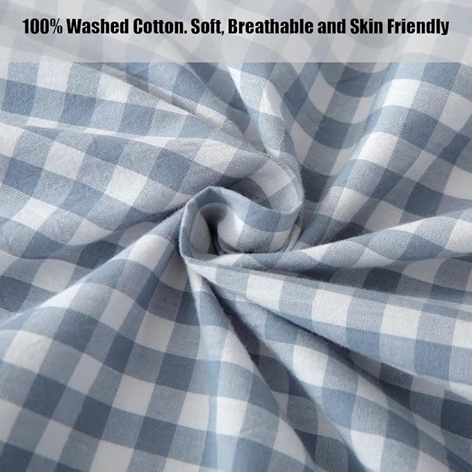 Silnuo Blue/White Plaid Bed Skirt Washed Cotton Shabby Gingham Checkered Dust Ruffle King Size 18" Bedding(1 Bed Skirt Only)