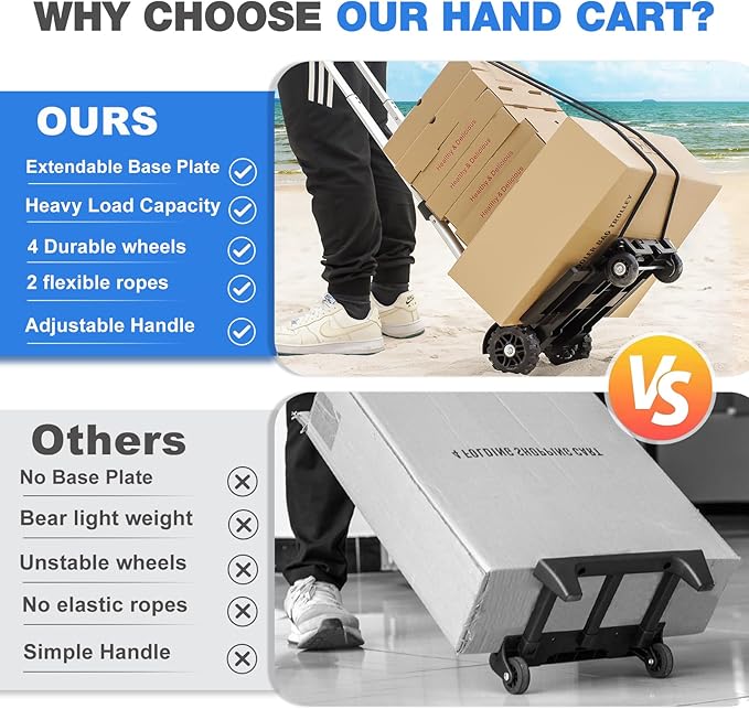 Folding Hand Truck Lightweight Trolley,Small Utility Dolly cart with 4 Wheels & 2 Elastic Ropes,Portable Backpack Trolley,Luggage cart,Dolly,Grocery cart,Travel,Moving,Shopping.Aluminum Pole,Black