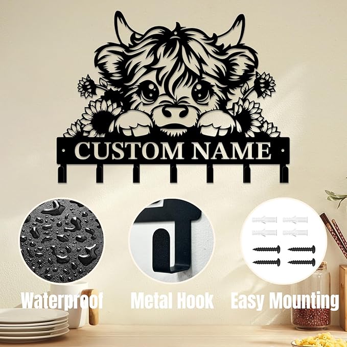 magilab Personalized Custom Highland Cow Wall Hooks,Metal Highland Cow Art Clothes Hooks,Metal Highland Cow Wall Home Storage Decorative,for Front Door, Hallway, Kitchen, Bedroom,Keys,Hats (Style A)