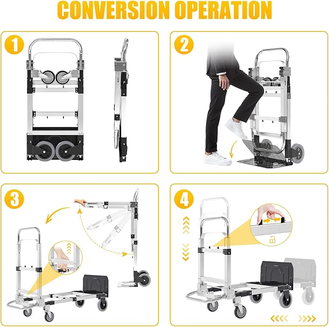 3 in 1 Aluminum Folding Hand Truck Dolly Cart with Wheels 600 Lbs Capacity Collapsible Heavy Duty Convertible Trolley with Retractable Handle for Moving Home Warehouse Office Camping (Black)
