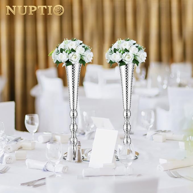 Trumpet Vase Wedding Centrepieces for Tables: Nuptio 2 Pcs Silver Vase 61cm Tall Flower Stand Road Lead for Weddings Party Dinner Centrepiece, Tabletop Vases for Anniversary Birthday Home Decoration
