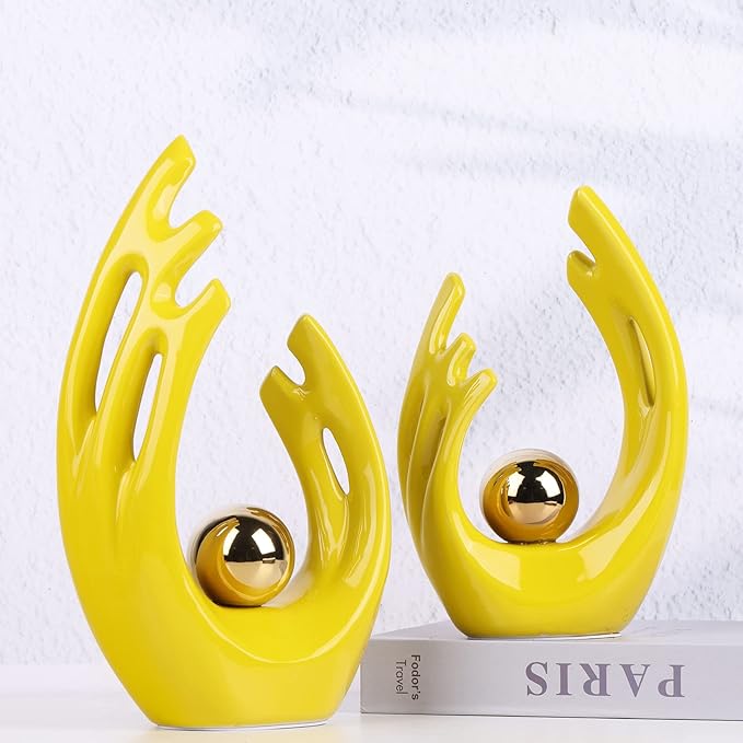 9.5"H Yellow Gold Aesthetic Room Decor Accent, TV Stand Funky Table Centerpiece, Abstract Art Ceramic Statue and Sculpture, Yellow Decor for Living Room, Bookshelf Decorative Objects, Shelf Decor