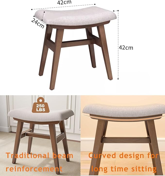 Wooden Vanity Stool, Modern Makeup Dressing Stool solid wood with upholstery saddle seat stool concave ergonomic chair easy to install for bedroom, dining room, home office 16 inch wide brown