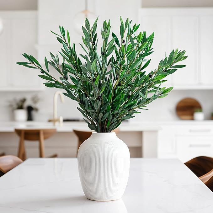 8PCS Premium Artificial Olive Branches for Vases - Realistic PU & Silk Faux Greenery Stems, 3 Sizes, Bendable Wire Stems, Low Maintenance Home/Office/Holiday Decor(No Vase