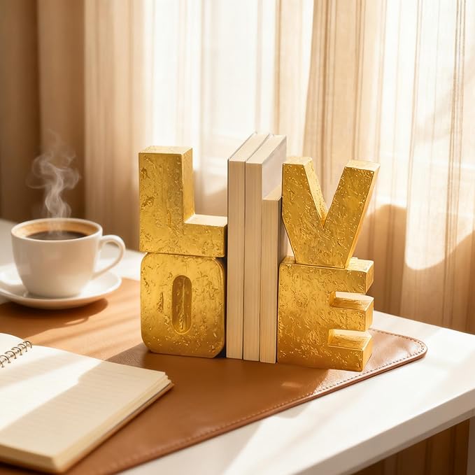 Book Ends Decorative Love Design,Modern Heavy Duty Gold Bookends for Shelves,Resin Book Holders, Book Stoppers for Home Desk Decoration, Unique Love Sculpture Bookends,Gifts for Christmas's Day