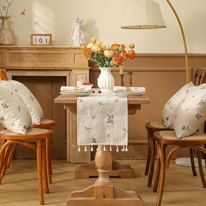 Boho Daisy Embroidered Linen Table Runner with Tassels - Set of 1 Runner & 2 Placemats - 12x48 Inches - Flax Beige - for Farmhouse Dining Table, Buffet, Nightstand Decor - Home & Commercial Use