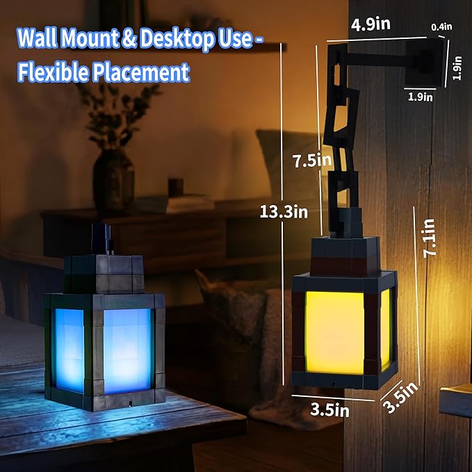 2PCS Pixel Lantern Night Light - 16 Colors Changing Hanging Lamp - USB Rechargeable LED Light with Touch & Remote Control - Wall Mount Mood Nightlight - Decor for Bedroom Gamer Room - Gift for Boy