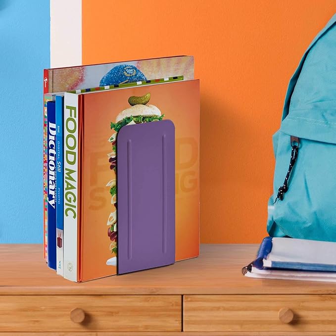 Acrimet Metal Bookends, Jumbo Size 9" H x 4" W x 4-1/2" D, Non-Skid Book Stand for Shelves, Heavy Duty Book Stopper, Purple, 1 Pair