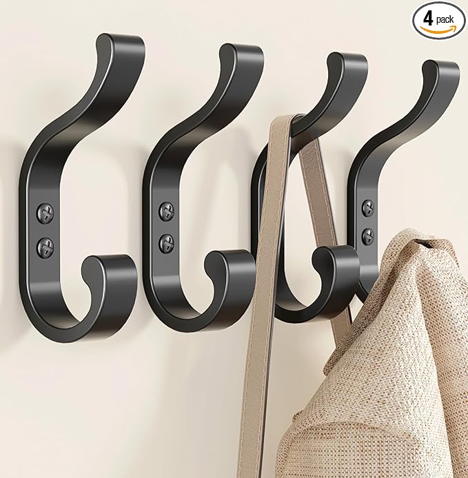 Coat Hooks Wall Mount for Hanging, Heavy Duty Backpack Hooks for Wall, Hold up to 30 lbs, Large Hanger Hooks for Towels, Purses, Clothes, Mudroom, Bathroom, Door, Black, 4 Pack
