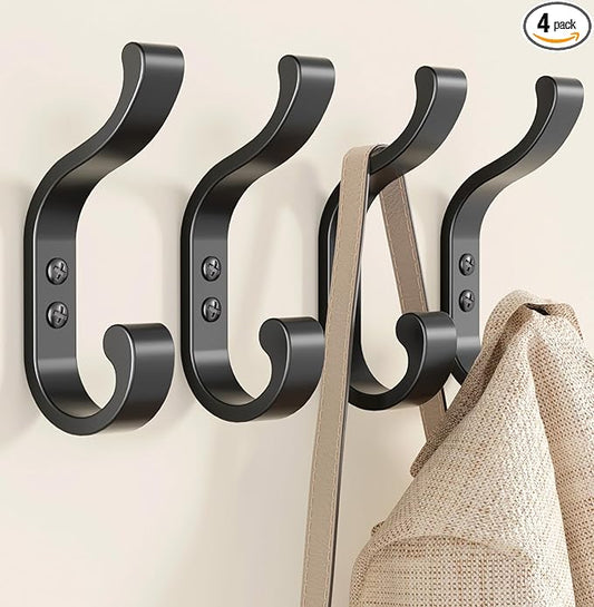 Coat Hooks Wall Mount for Hanging, Heavy Duty Backpack Hooks for Wall, Hold up to 30 lbs, Large Hanger Hooks for Towels, Purses, Clothes, Mudroom, Bathroom, Door, Black, 4 Pack