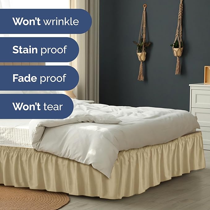 Wrap Around Dust Ruffle Bed Skirt - Beige - for King Size Beds with 12 Inch Drop - Easy Fit Elastic Strap - Adjustable Pleated Bedskirt w/Brushed Fabric - Wrinkle Free - for Women, Men, Kids & Teens