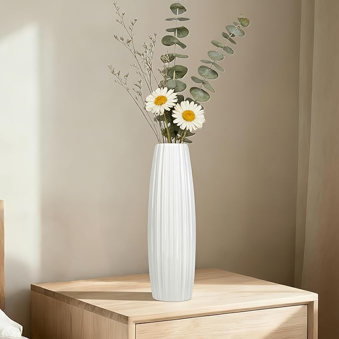 12 Inch White Vase Ceramic Flower Vase, Tall Vases for Pampas Grass, Home Decor, Modern Textured Vases for Living Room Decorations,Table Centerpieces,Shelf,Farmhouse Small Ceramic Vase