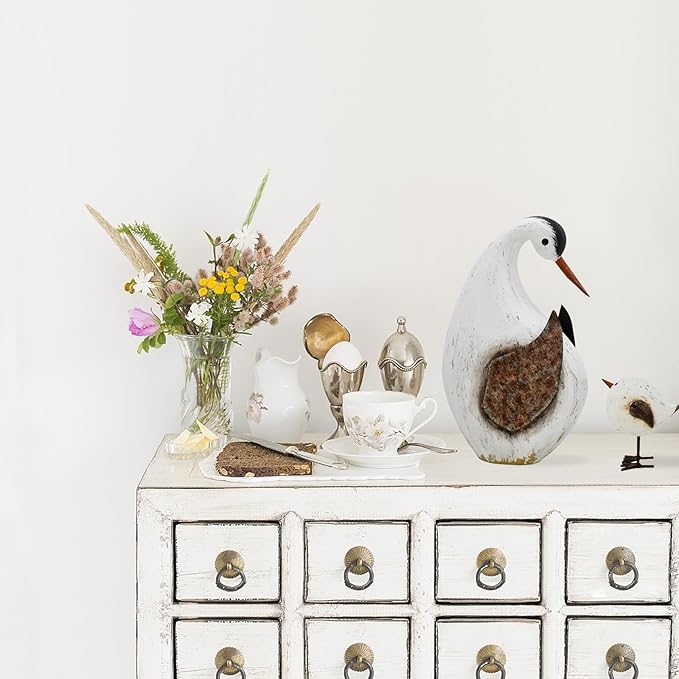 Wood Bird Statue Nautical Decor Decorative Rustic Seabird Sculpture Wooden Beach Themed Coastal Mediterranean Tabletop Decoration for Home Bathroom Living Room (L)