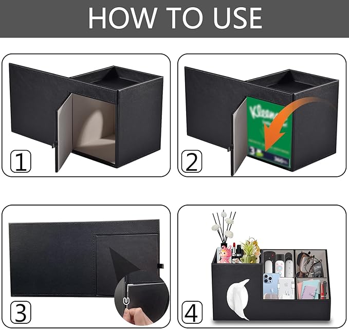 Plus Size Tissue Box Cover-Square Tissue Cover with Side Storage and Tray,Modern Makeup Organizer,PU Leather Tissue Holder Decorative Cube Organizer for Living Room Vanity NightStand Office,Black