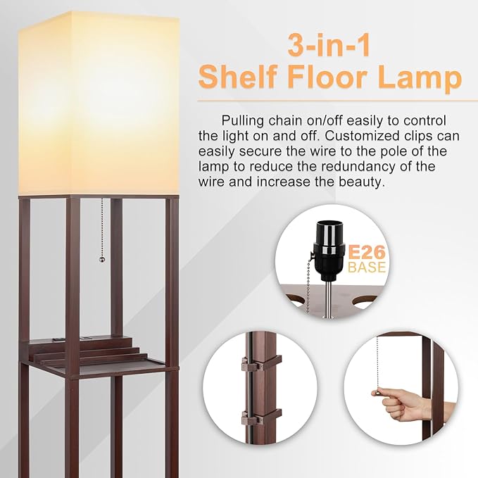 SHINE HAI 3-in-1 Shelf Lamp with 1 USB Ports & 1 Type C Port & 1 Power Outlet, 3-Tiered Shelves Lamps, Modern Standing Light for Bedroom & Living Room, Storage Floor Lights Combination, Brown