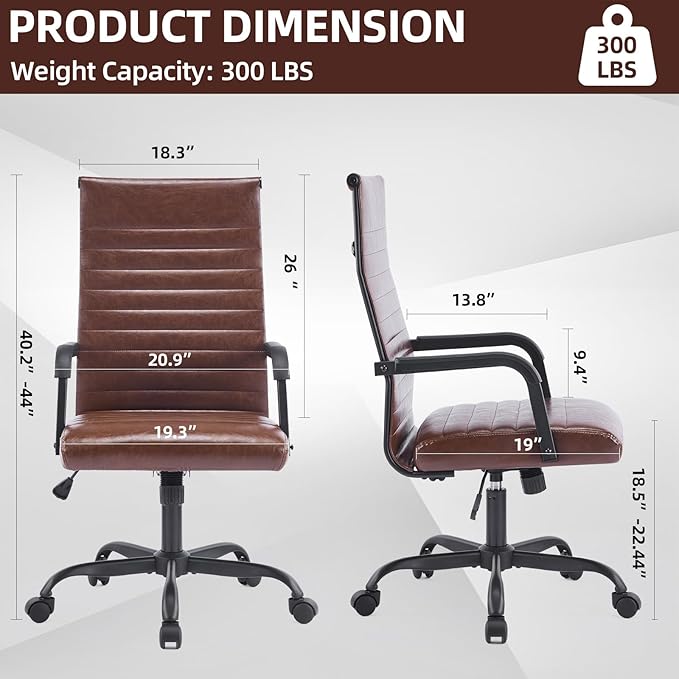 Haranuo Office Chair, Ergonomic Executive Conference Room Chairs, Ribbed Leather Desk Chair with Lumbar Support, Adjustable Height Mid-Back Swivel Chair with Padded Seat and Square Tube Armrests