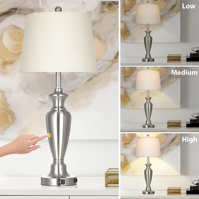 30" Tall Silver Table Lamps Set of 2 for Living Room, Touch Control Bedside Lamps for Nightstand, 3-Way Dimmable Bedroom Table Lamp with USB A+C Ports and AC Outlet (2 LED Bulbs Included)