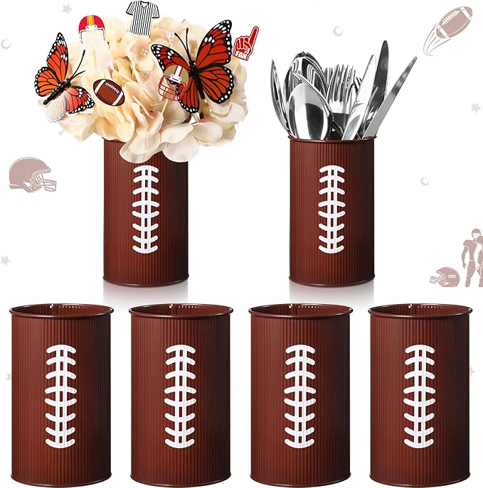 Domensi 6 Pcs Football Table Centerpiece Football Vases Decor Galvanized Metal Vases for Artificial Flowers Rugby Funny Pen Holder Utensil Holder Jars for Kitchen Home Rugby Party Decorations Gifts