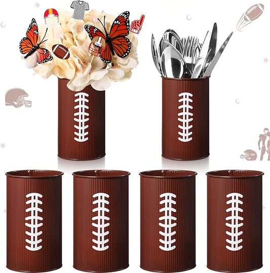 Domensi 6 Pcs Football Table Centerpiece Football Vases Decor Galvanized Metal Vases for Artificial Flowers Rugby Funny Pen Holder Utensil Holder Jars for Kitchen Home Rugby Party Decorations Gifts